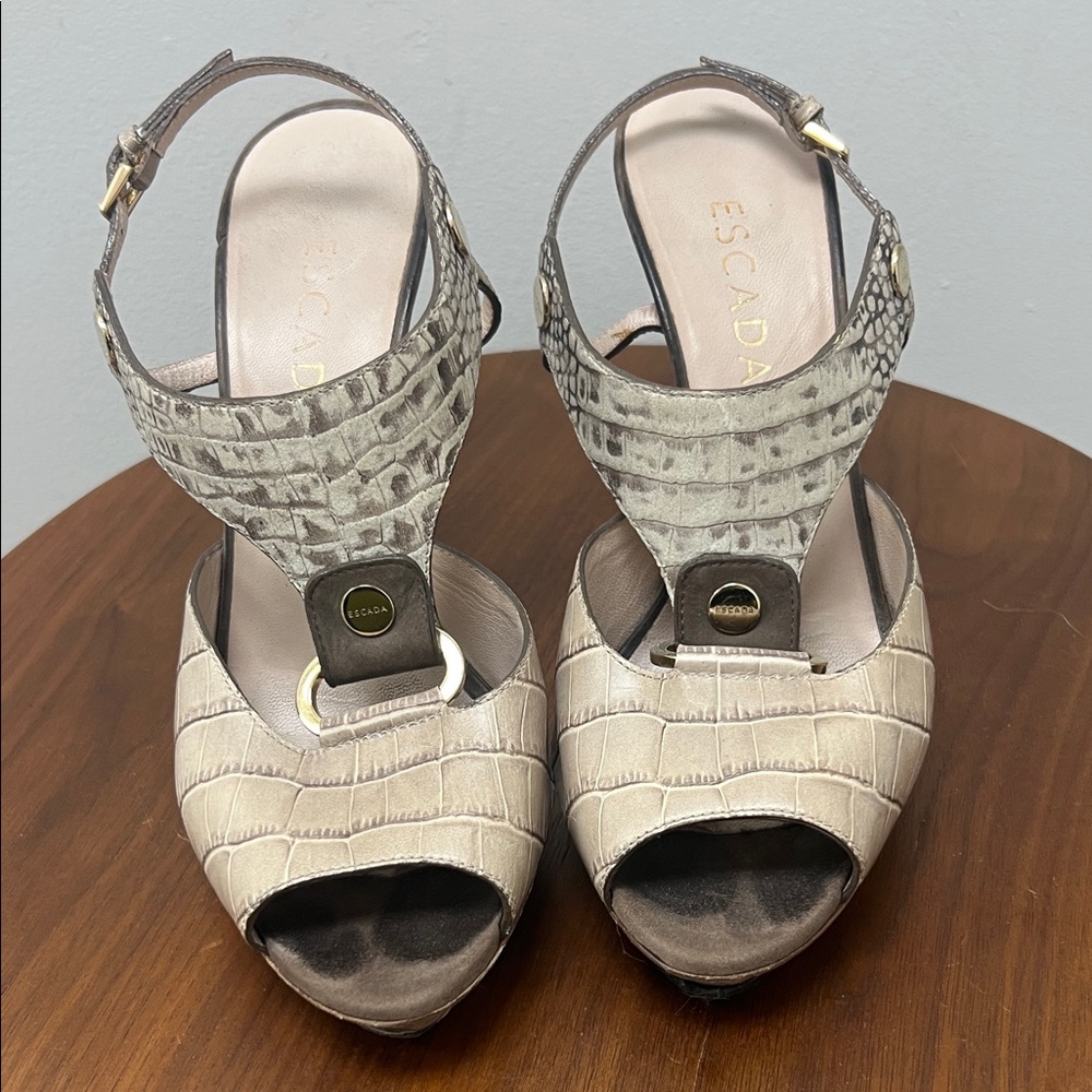 Escada Croc-Embossed Beige Peep-Toe Heels